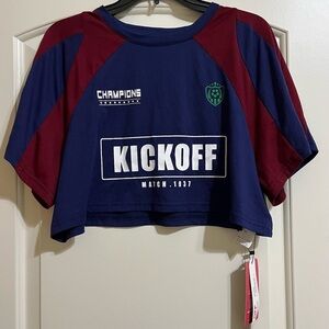 NWT ROMWE Women’s Navy Blue Maroon Champions Kickoff Crop Tee Shirt M